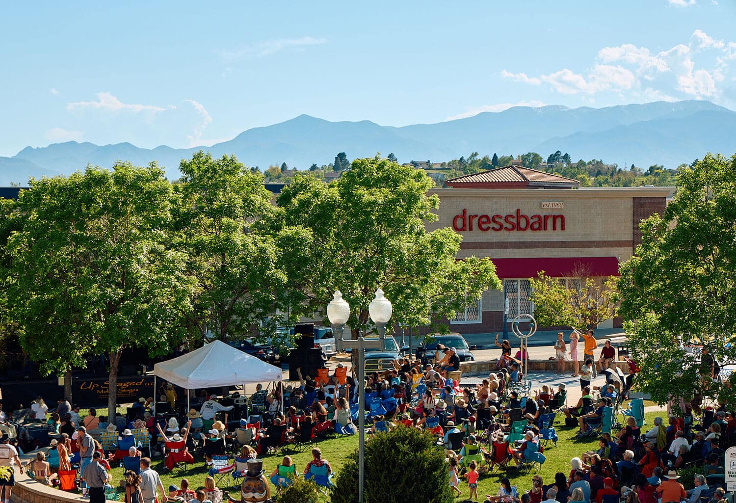 Ariel view of the First and Main Town Center plaza with event