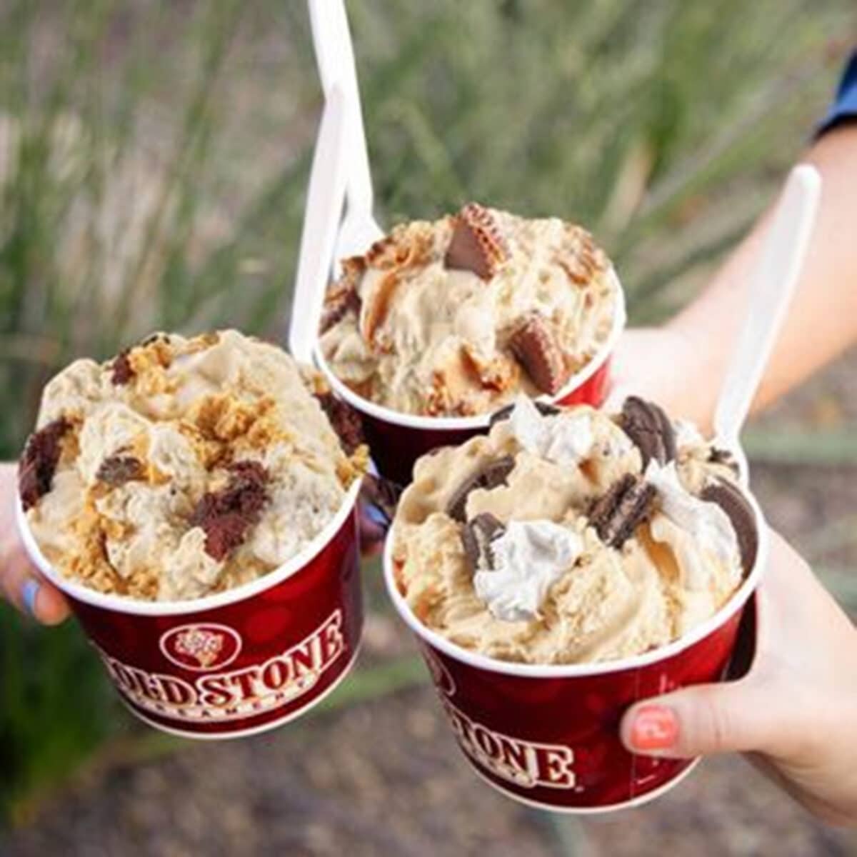 Cold Stone Creamery offers customizable ice cream, cakes, smoothies, and shakes with dine-in, drive-through, and delivery options at First and Main Town Center.