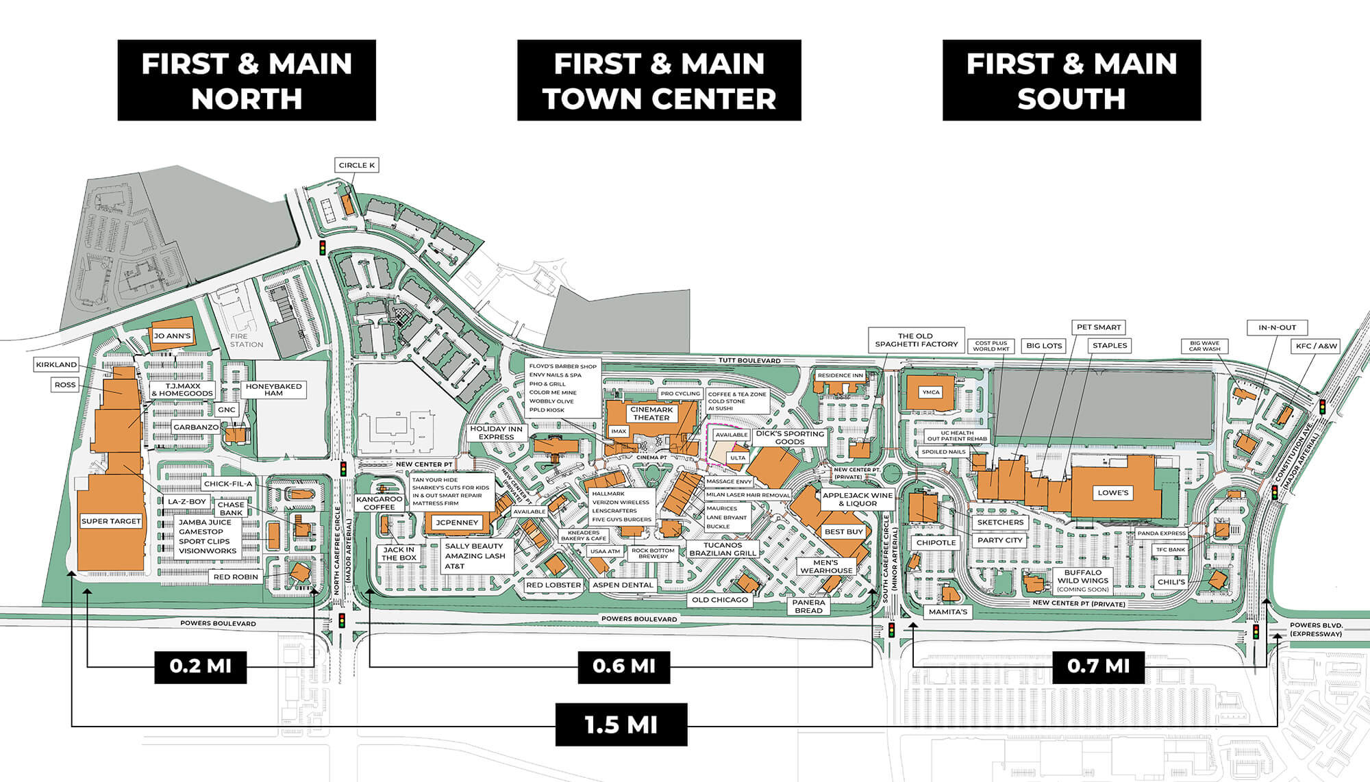 Map of the First and Main Town Center in Colorado Springs