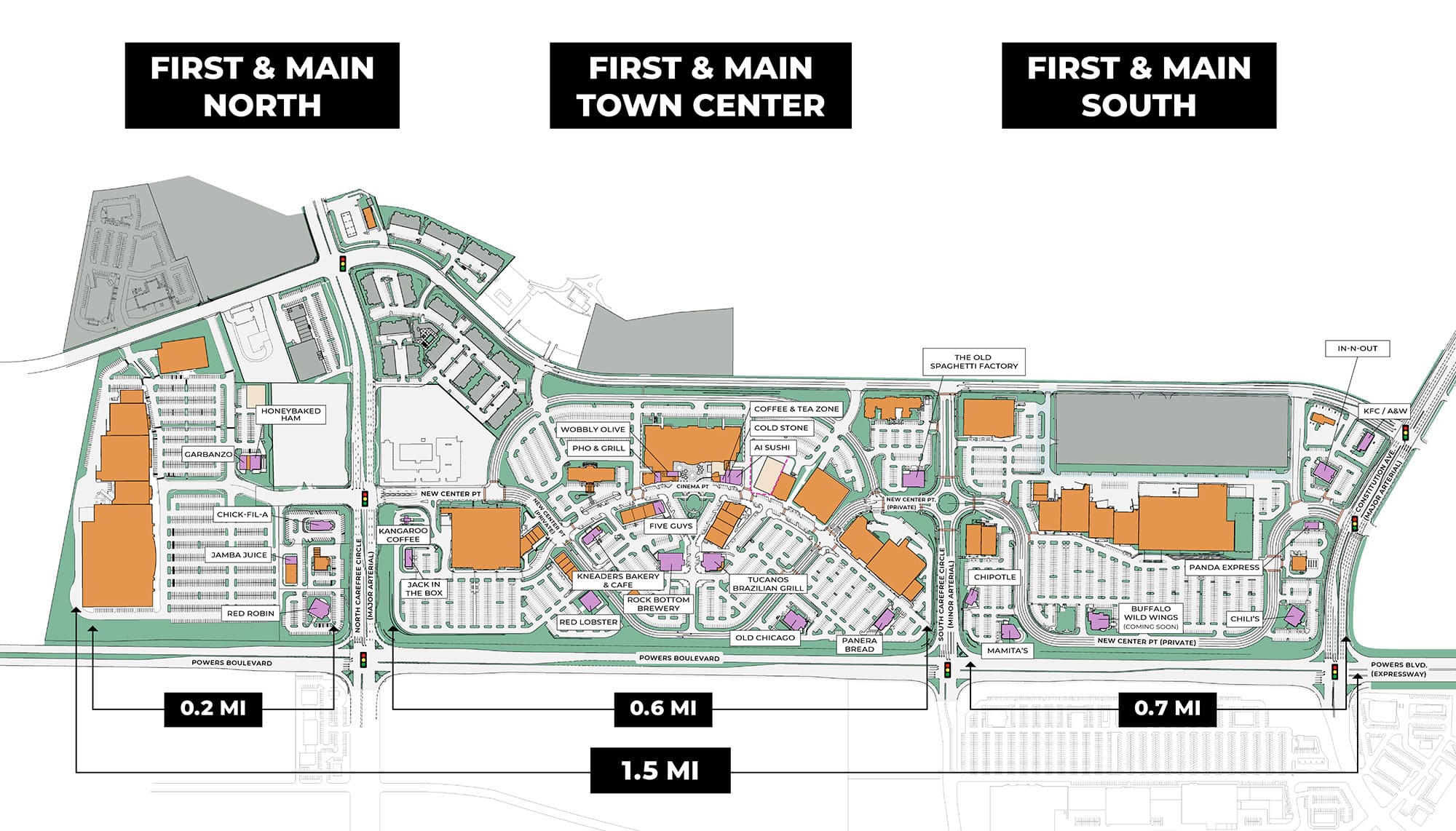 First and Main Town Center map of dining and restaurants