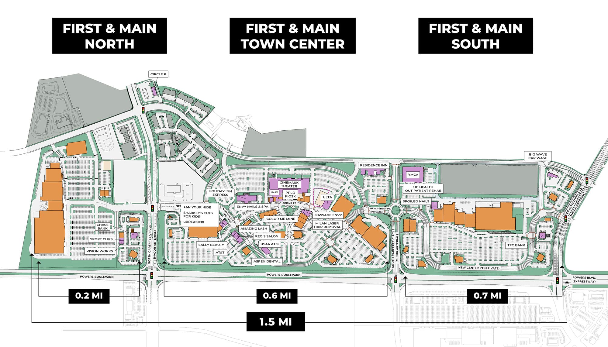 First and Main Town Center map of service centers and amenities
